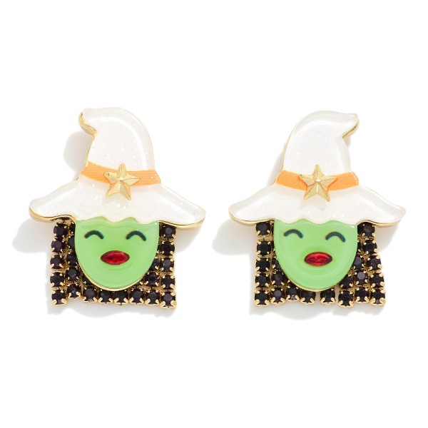 Glow in the Dark Acetate Witch Post Drop Earrings With Rhinestone Details

- Approximately 1" L

