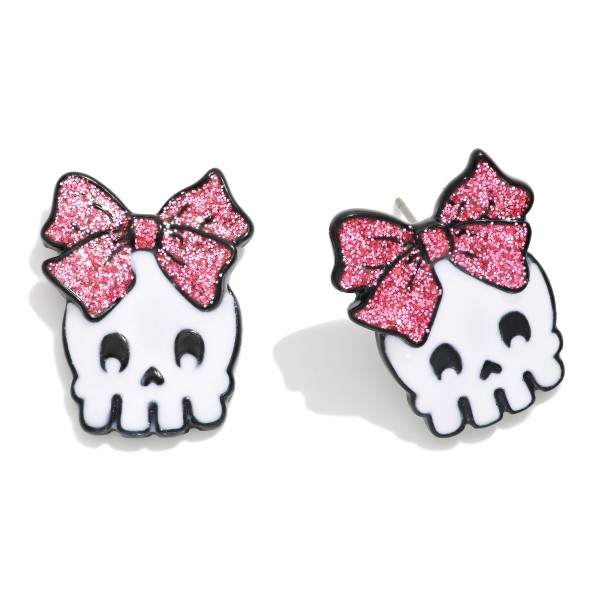 Enamel Skull Earring Post Drop Earring Featuring Glittery Bow 

- Approximately 1" L 