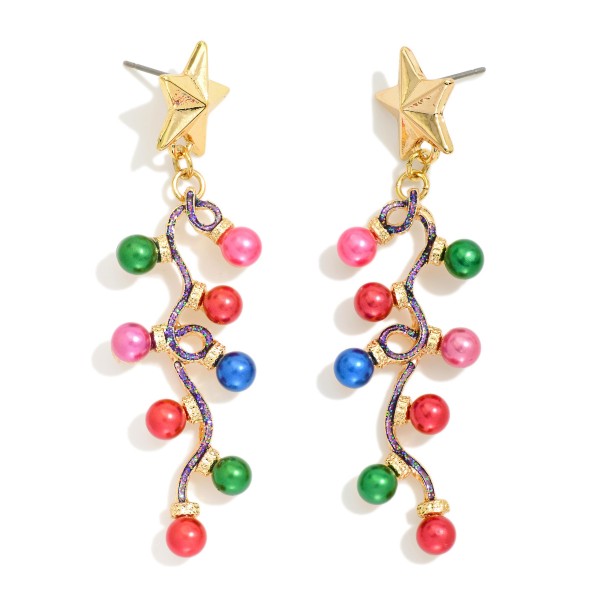 Beaded Twisted Christmas Light Post Drop Earrings Featuring Metal Tone Star Post 

- Approximately 2.25" L