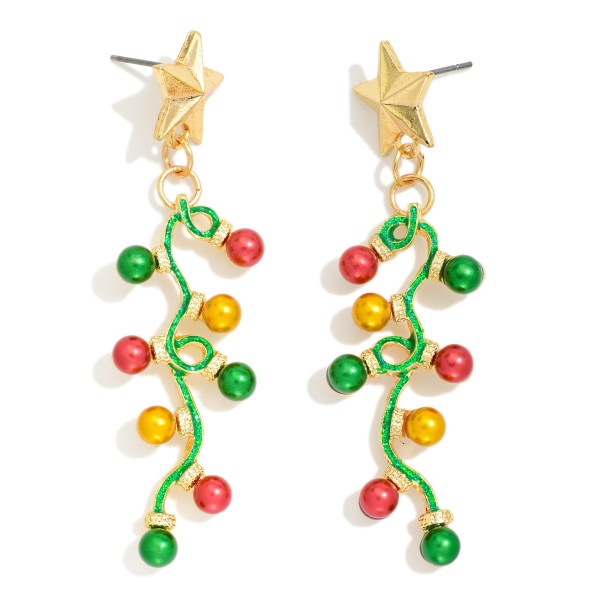 Beaded Twisted Christmas Light Post Drop Earrings Featuring Metal Tone Star Post 

- Approximately 2.25" L