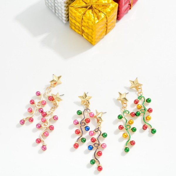 Beaded Twisted Christmas Light Post Drop Earrings Featuring Metal Tone Star Post 

- Approximately 2.25" L