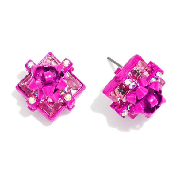 Metal Tone Present Stud Post Drop Earring Featuring Rhinestones & Metal Bow 

- Approximately .5" D  