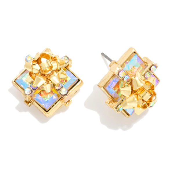 Metal Tone Present Stud Post Drop Earring Featuring Rhinestones & Metal Bow 

- Approximately .5" D  