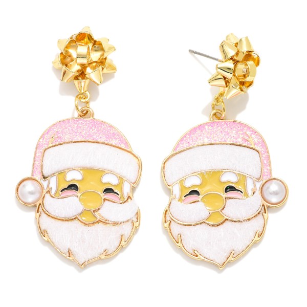Enameled Santa Post Drop Earrings Featuring Bow Post

- Approximately 2" L