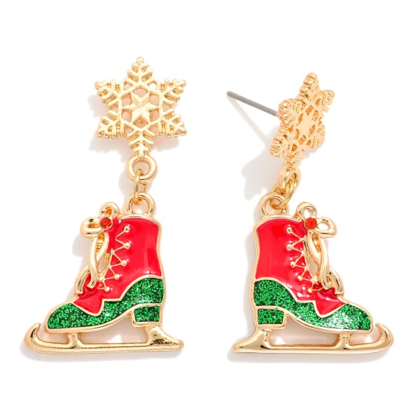 Metal Tone Chain Linked Enamel Christmas Ice skates Post Drop Earrings
- Approximately 1.25" L