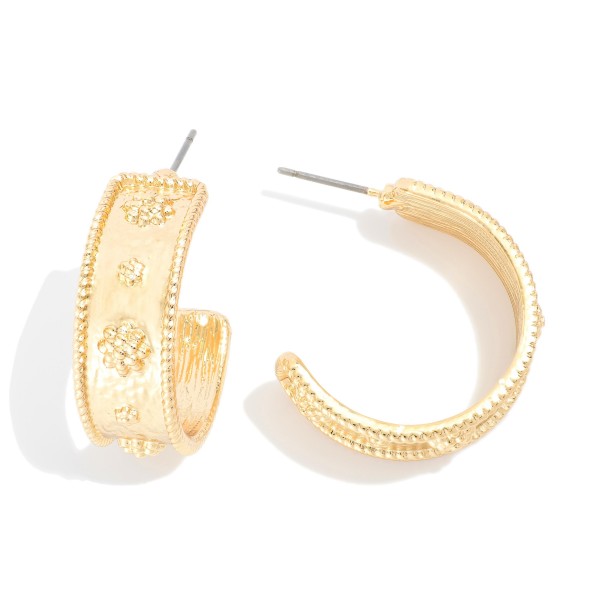 Gold Metal Tone Textured Hoop Drop Earring 

- Approximately 1" D 