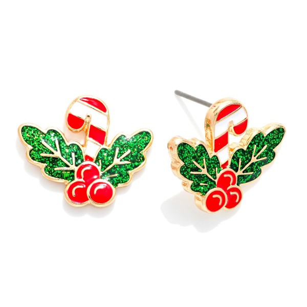Enamel Candy Cane And Mistletoe Plant Stud Earring With Glitter Details

- Approximately .25" L 