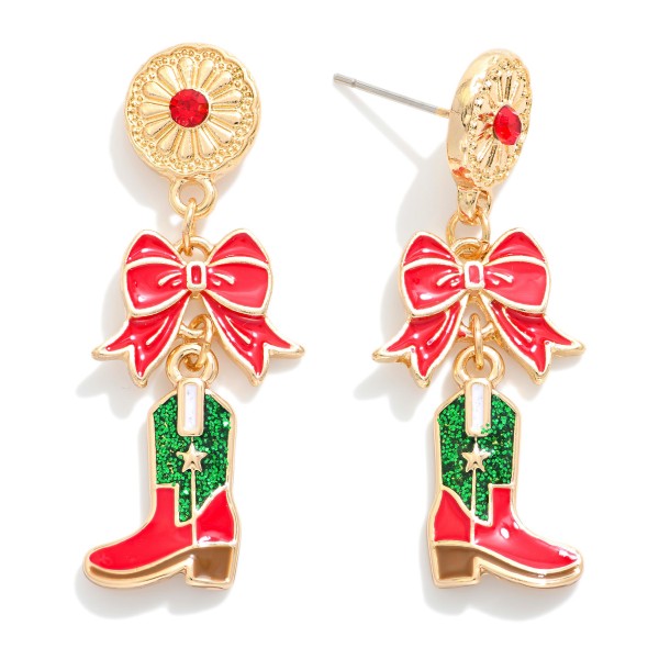 Gold Tone Chain Link Western Christmas Post Drop Earring Featuring Glitter & Rhinestone 

- Approximately 1.75" L 