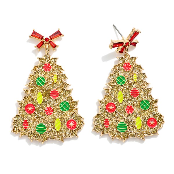 Wholesale enamel Christmas Tree Earrings Rhinestone Studded Bow Post Drop Glitte