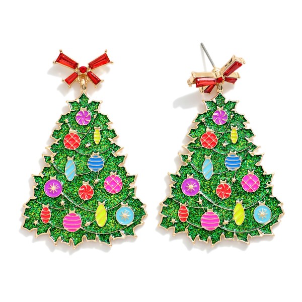 Enamel Christmas Tree Earrings With Rhinestone Studded Bow Post Drop Featuring Glitter And Ornament Details 

- Approximately 2.25" L
