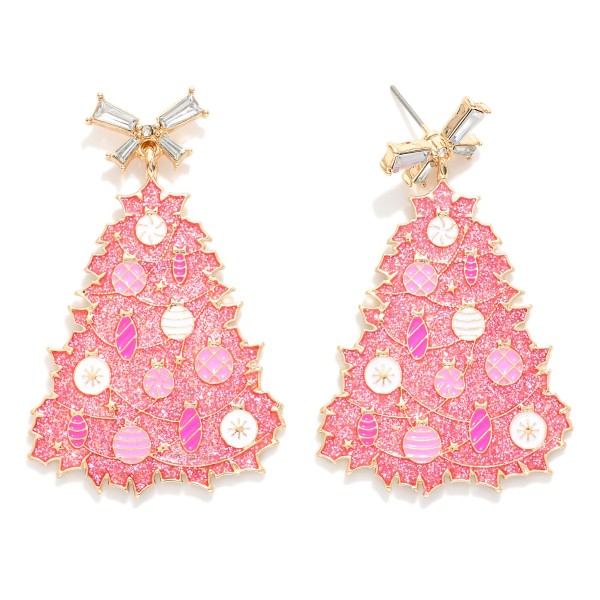 Enamel Christmas Tree Earrings With Rhinestone Studded Bow Post Drop Featuring Glitter And Ornament Details 

- Approximately 2.25" L