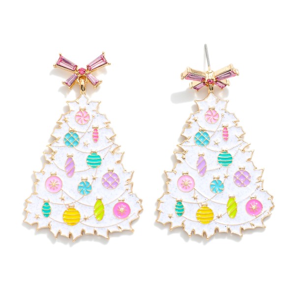 Enamel Christmas Tree Earrings With Rhinestone Studded Bow Post Drop Featuring Glitter And Ornament Details 

- Approximately 2.25" L