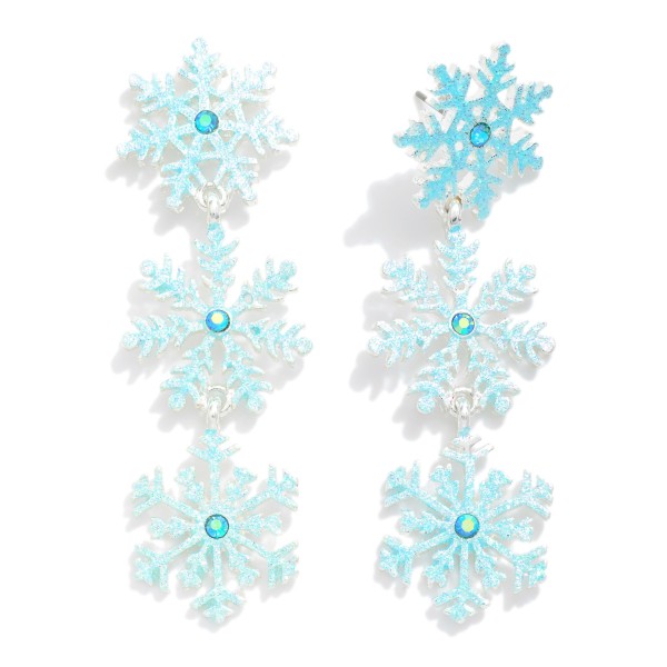Linked Glittery Christmas Snowflake Post Drop Earrings Featuring Rhinestones

- Approximately 2" L

