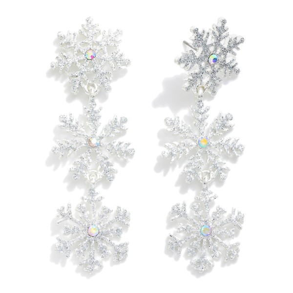 Linked Glittery Christmas Snowflake Post Drop Earrings Featuring Rhinestones

- Approximately 2" L

