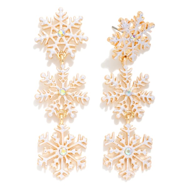 Linked Glittery Christmas Snowflake Post Drop Earrings Featuring Rhinestones

- Approximately 2" L

