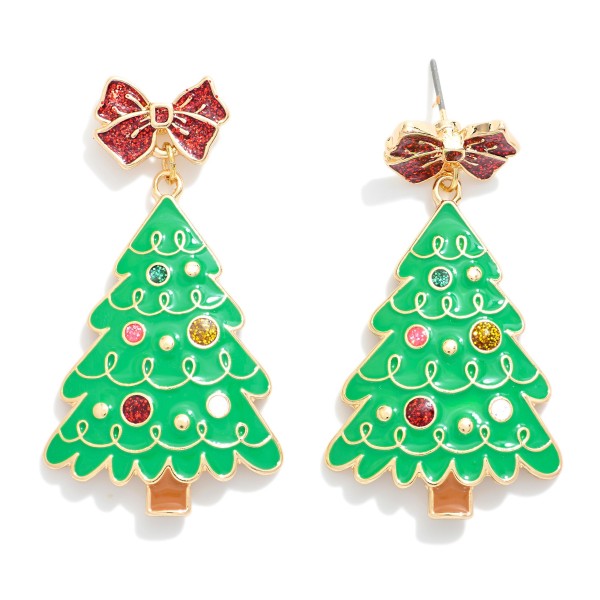 Enamel Christmas Tree Earrings With Metal Bow Post Drop Featuring Glitter And Rhinestone Accents

- Approximately 2.25" L