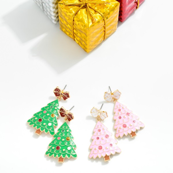 Enamel Christmas Tree Earrings With Metal Bow Post Drop Featuring Glitter And Rhinestone Accents

- Approximately 2.25" L