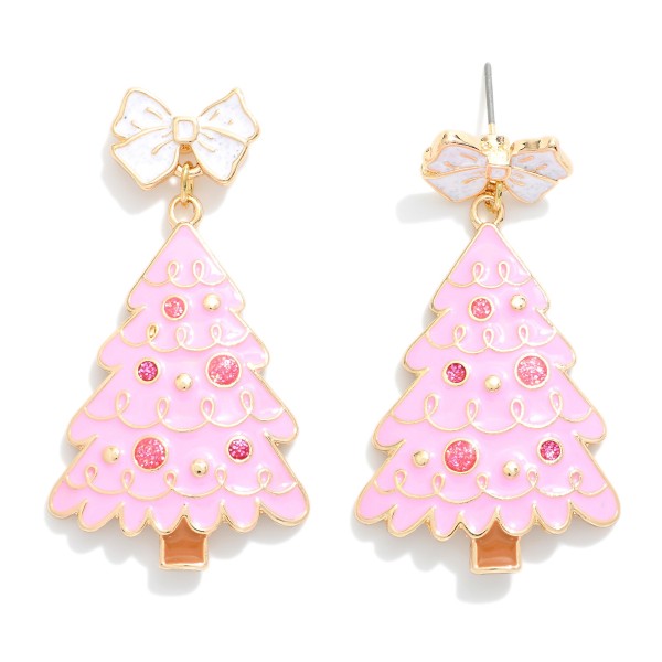 Enamel Christmas Tree Earrings With Metal Bow Post Drop Featuring Glitter And Rhinestone Accents

- Approximately 2.25" L