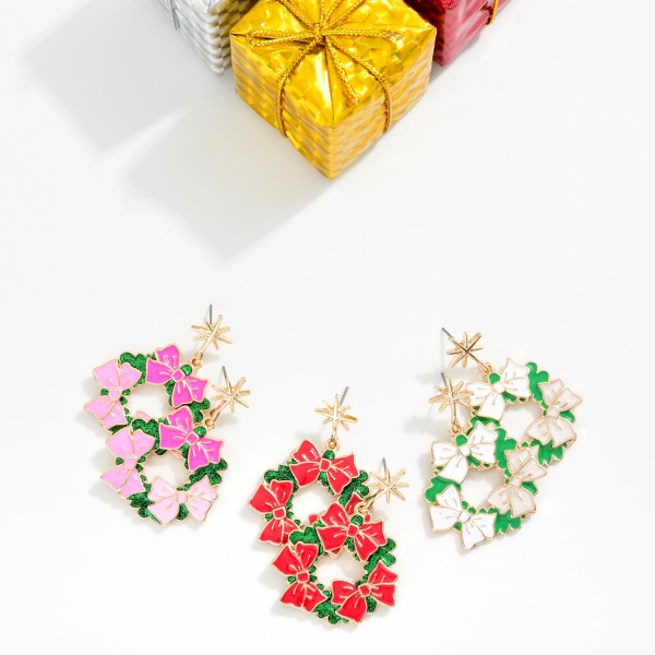 Enamel Christmas Wreath With Bows Drop Earring Featuring Star Post Drop 
- Approximately 2" L