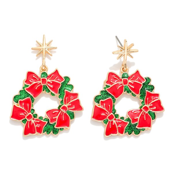 Enamel Christmas Wreath With Bows Drop Earring Featuring Star Post Drop 

- Approximately 2" L

