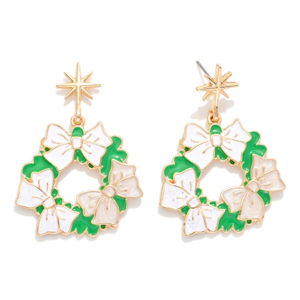 Enamel Christmas Wreath With Bows Drop Earring Featuring Star Post Drop 
- Approximately 2" L