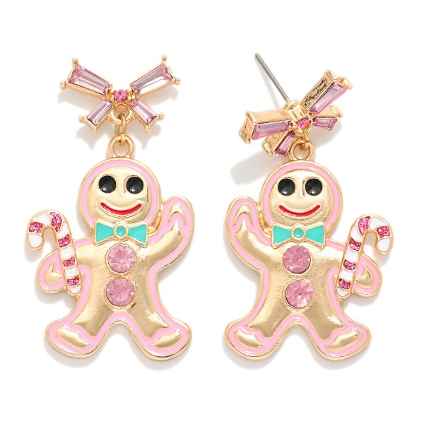 Metal Gingerbread Drop Earring Featuring Rhinestone Bow Post Drop 
- Approximately 1.75" L
