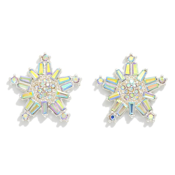 Metal Tone Rhinestone Encrusted Metal Snowflake Post Drop Earrings

- Approximately 1" D 

