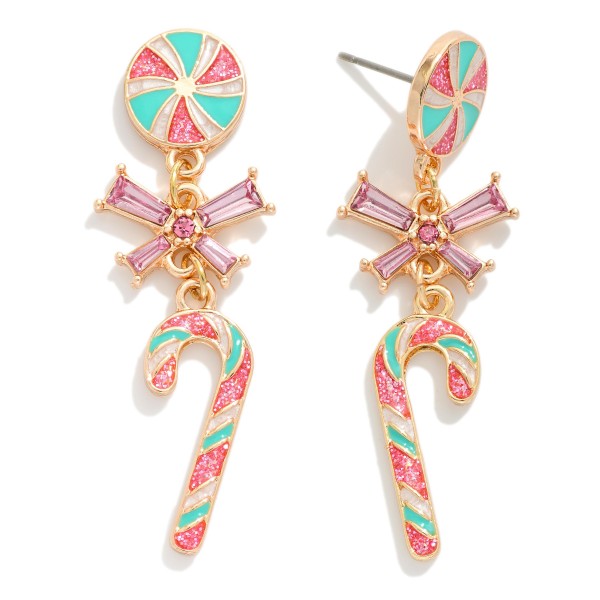 Metal Chain Link Enamel Candy Cane Christmas Drop Earring Featuring Glitter & Rhinestones 
- Approximately 2" L
