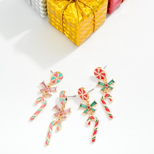 Metal Chain Link Enamel Candy Cane Christmas Drop Earring Featuring Glitter & Rhinestones 
- Approximately 2" L