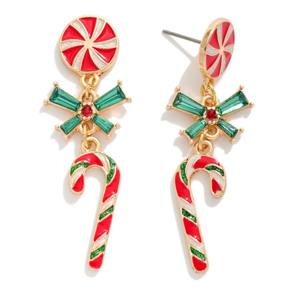 Metal Chain Link Enamel Candy Cane Christmas Drop Earring Featuring Glitter & Rhinestones 
- Approximately 2" L
