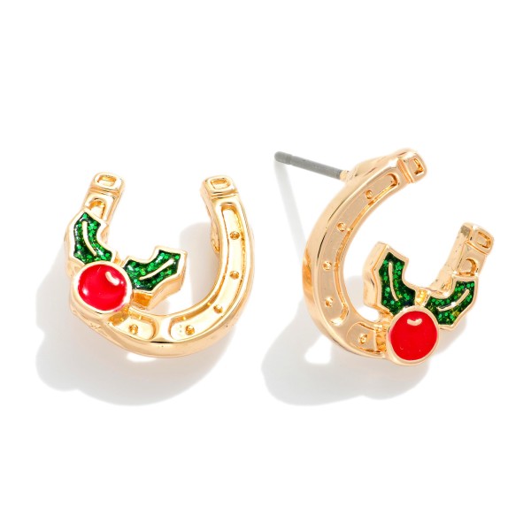 Wholesale metal Horseshoe Stud Earring Enamel Poinsettia
