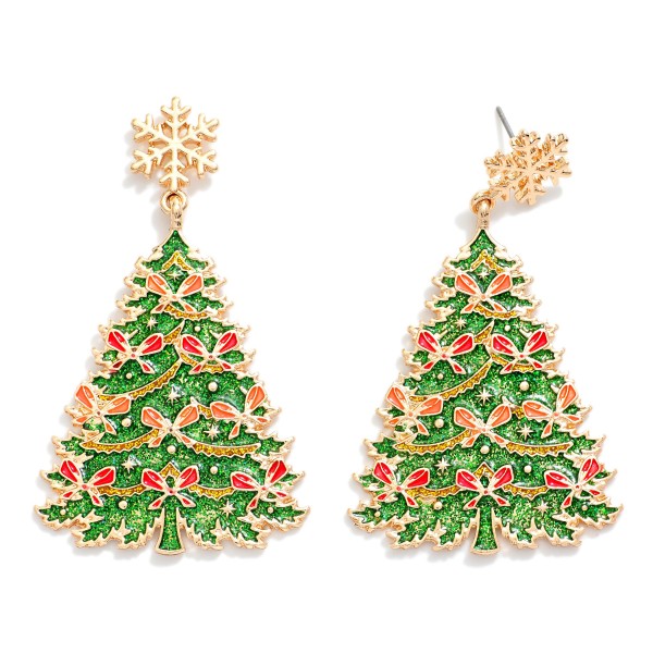 Enamel Christmas Tree Earrings With Metal Snowflake Post Drop Featuring Glitter, And Bow Details 

- Approximately 2.25" L
