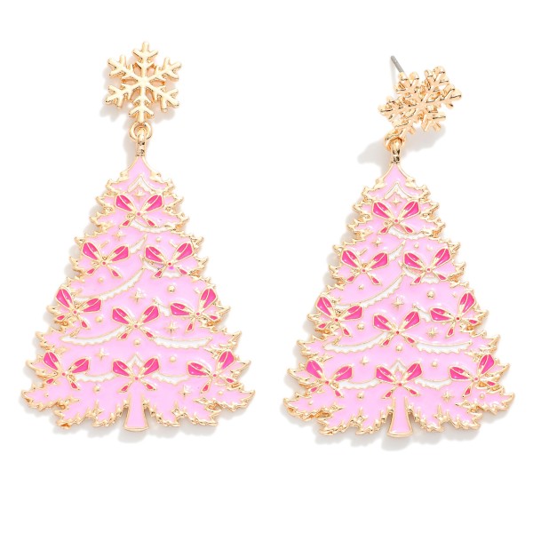 Enamel Christmas Tree Earrings With Metal Snowflake Post Drop Featuring Glitter, And Bow Details 
- Approximately 2.25" L