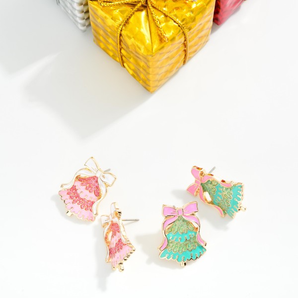 Enamel Metal Christmas Tree Post Drop Earrings Featuring Glitter Accents

- Approximately 2" L