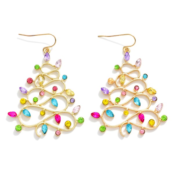 Wholesale gold Metal Curvy Christmas Tree Drop Earrings Rhinestone Christmas Lig