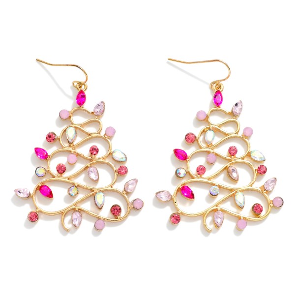 Gold Tone Metal Curvy Christmas Tree Drop Earrings With Rhinestone Christmas Light Details

- Approximately 2.25" L

