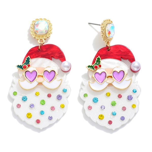 Glitter Acetate Santa Post Drop Earrings Featuring Rhinestone Detail

- Approximately 2.5" L