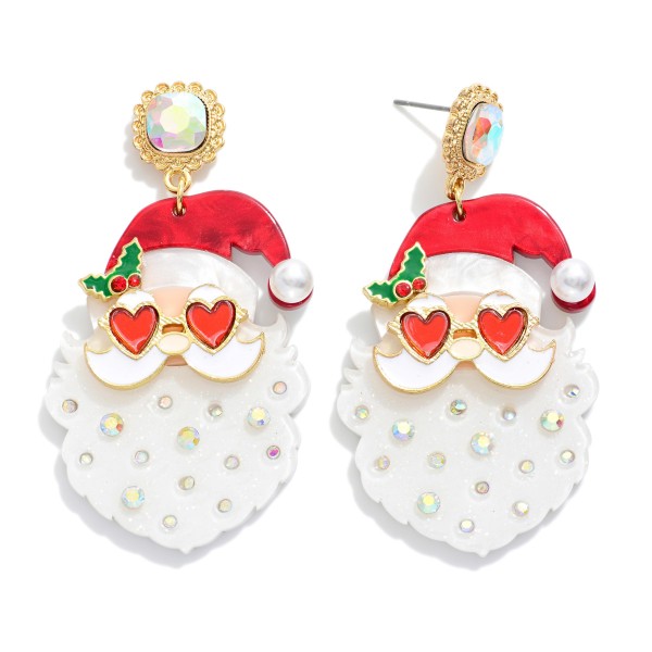 Glitter Acetate Santa Post Drop Earrings Featuring Rhinestone Detail

- Approximately 2.5" L