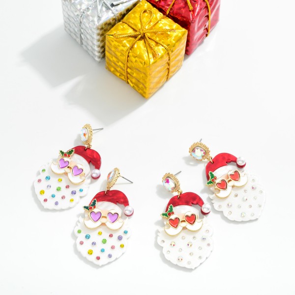 Glitter Acetate Santa Post Drop Earrings Featuring Rhinestone Detail

- Approximately 2.5" L