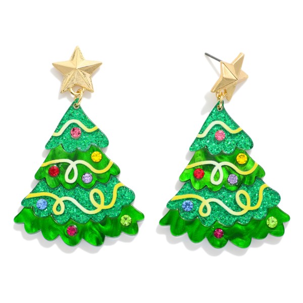 Enamel Christmas Tree Earring With Star Post Drop Featuring Glitter & Rhinestones  

- Approximately 2.05" L 