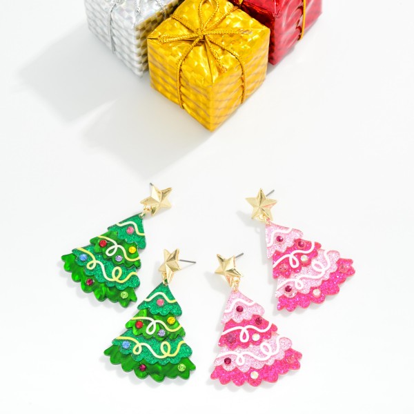 Enamel Christmas Tree Earring With Star Post Drop Featuring Glitter & Rhinestones  

- Approximately 2.05" L 