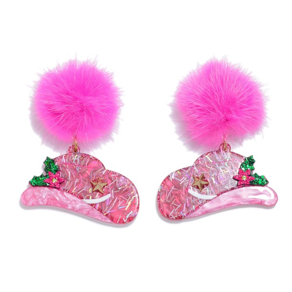 Glittery Acetate Western Hat Drop Earrings Featuring Pompom Post Drop 

- Approximately 2" L