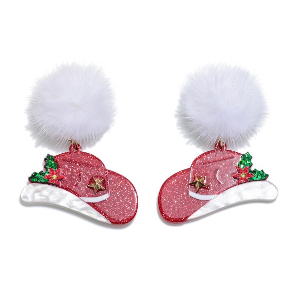 Glittery Acetate Western Hat Drop Earrings Featuring Pompom Post Drop 

- Approximately 2" L