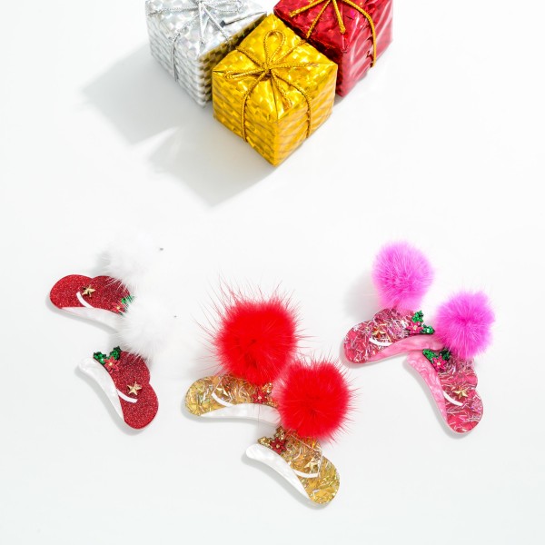 Glittery Acetate Western Hat Drop Earrings Featuring Pompom Post Drop 

- Approximately 2" L