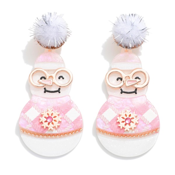 Glitter Acetate Snowman Post Drop Earrings Featuring Pompom Post

- Approximately 2.75" L