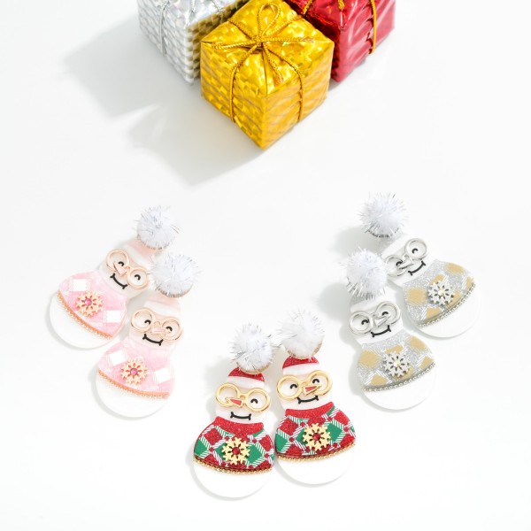 Glitter Acetate Snowman Post Drop Earrings Featuring Pompom Post

- Approximately 2.75" L