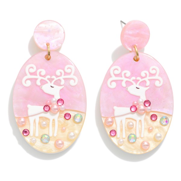 Enamel Reindeer Chunky Glitter Acetate Oval Post Drop Earrings Featuring Rhinestone & Pearl Detail

- Approximately 2.5" L

