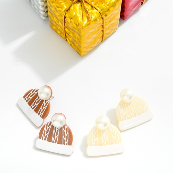 Acetate Beanie Post Drop Earrings Featuring Pearl

- Approximately 1." L