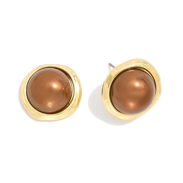 Metal Tone Post Stud Earrings Featuring Metallic Ball And Gold Tone Frame

- Approximately .75" D

