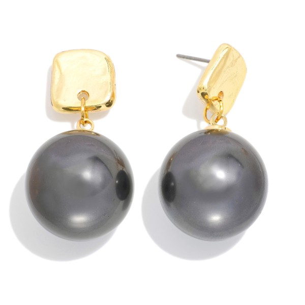 Metal Tone Squared Post Drop Earring Featuring Metallic Ball 

- Approximately 1.5" L 